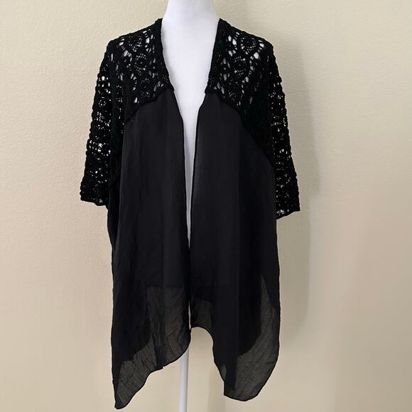 Steve Madden Women Black Crochet-Trim Open Front Lightweight Cardigan OSFM NWT - Picture 2 of 7